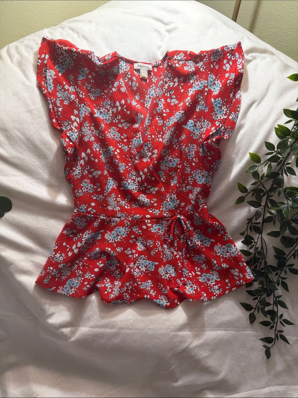 Monteau Red Floral Wrap Peplum Blouse